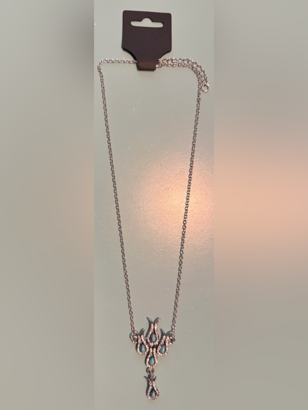 Antique-Inspired Silver Filigree Turquoise & Rhinestone Pendant Necklace
